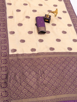 Elision Beige Pure Banarasi Silk Saree With Imaginative Blouse Piece