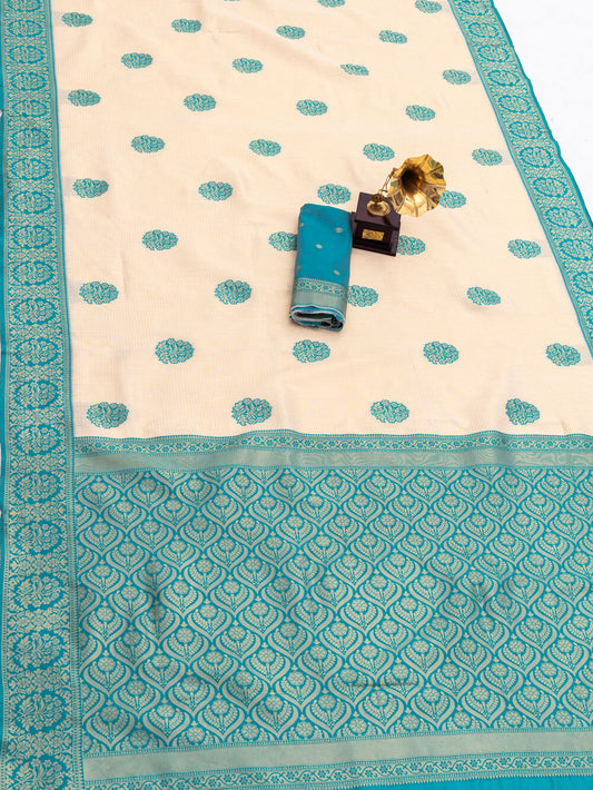Diaphanous Beige Pure Banarasi Silk Saree With Gorgeous Blouse Piece