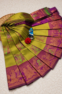 Classy Mehndi Pure Banarasi Silk Saree With Gorgeous Blouse Piece