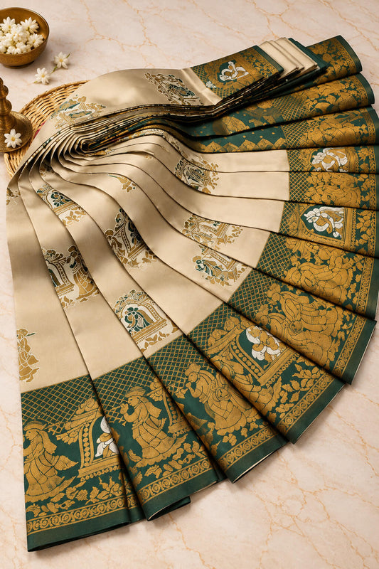 Ideal Pista Pure Banarasi Silk Saree With Seraphic Blouse Piece
