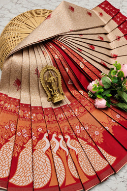 Devastating Beige Pure Banarasi Silk Saree With Exquisite Blouse Piece