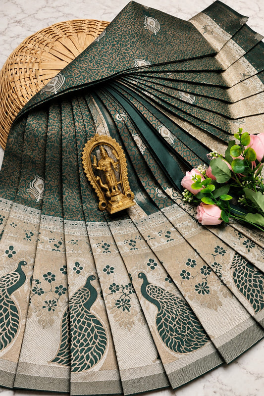 Ethereal Dark Green Pure Banarasi Silk Saree With Demanding Blouse Piece