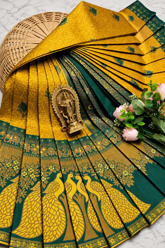 Enchanting Mustard Pure Banarasi Silk Saree With Enigmatic Blouse Piece