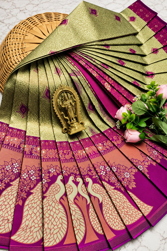 Gratifying Pista Pure Banarasi Silk Saree With Demure Blouse Piece