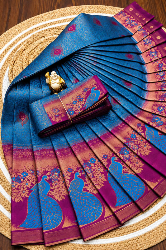 Charming Rama Pure Banarasi Silk Saree With Evanescent Blouse Piece