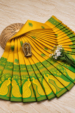 Glittering Yellow Pure Banarasi Silk Saree With Staring Blouse Piece