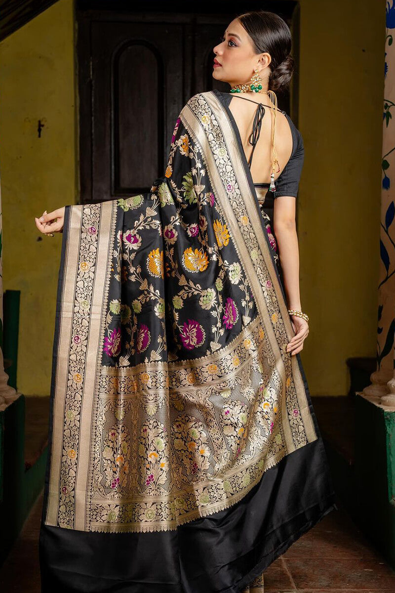 Admirable Black Soft Silk Saree With Assemblage Blouse Piece