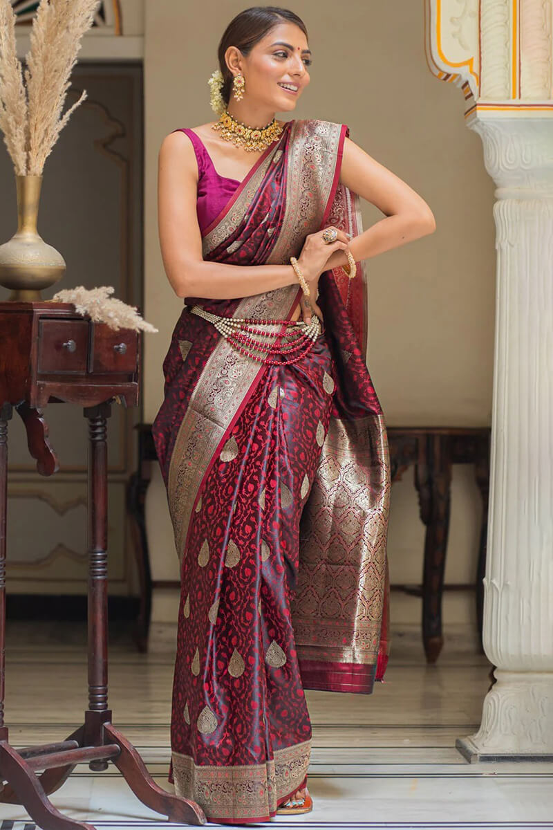 Moiety Maroon Soft Silk Saree With Scintilla Blouse Piece