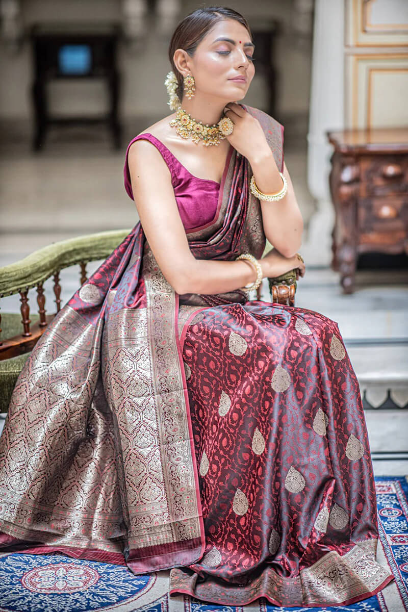 Moiety Maroon Soft Silk Saree With Scintilla Blouse Piece