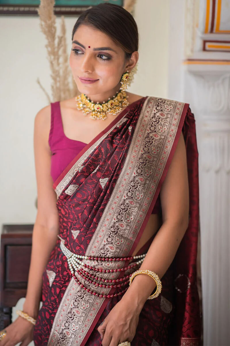 Moiety Maroon Soft Silk Saree With Scintilla Blouse Piece