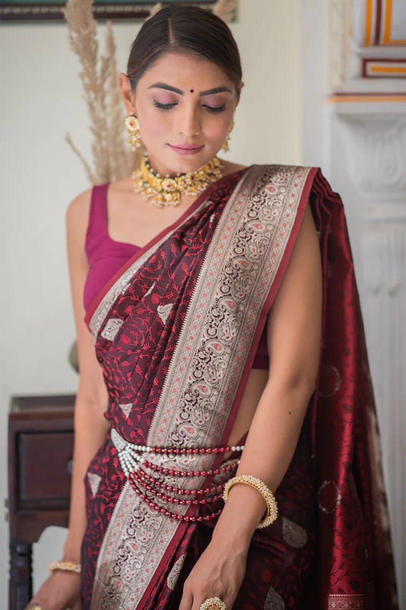 Moiety Maroon Soft Silk Saree With Scintilla Blouse Piece