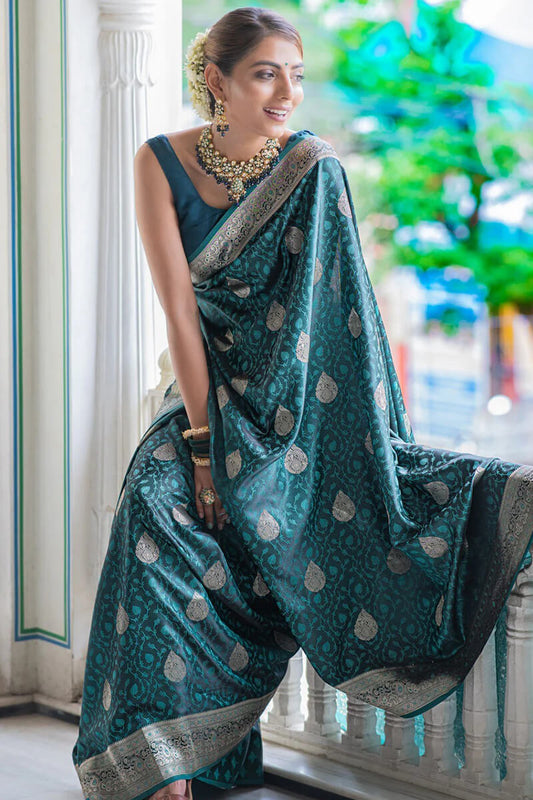 Splendiferous Rama Soft Silk Saree With Fragrant Blouse Piece