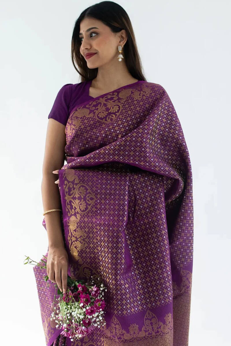 Adoring Purple Soft Silk Saree With Ideal Blouse Piece