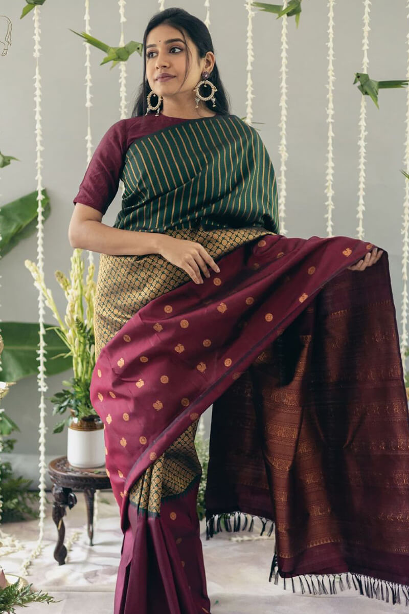 Gratifying Wine Soft Silk Saree With Imaginative Blouse Pieced