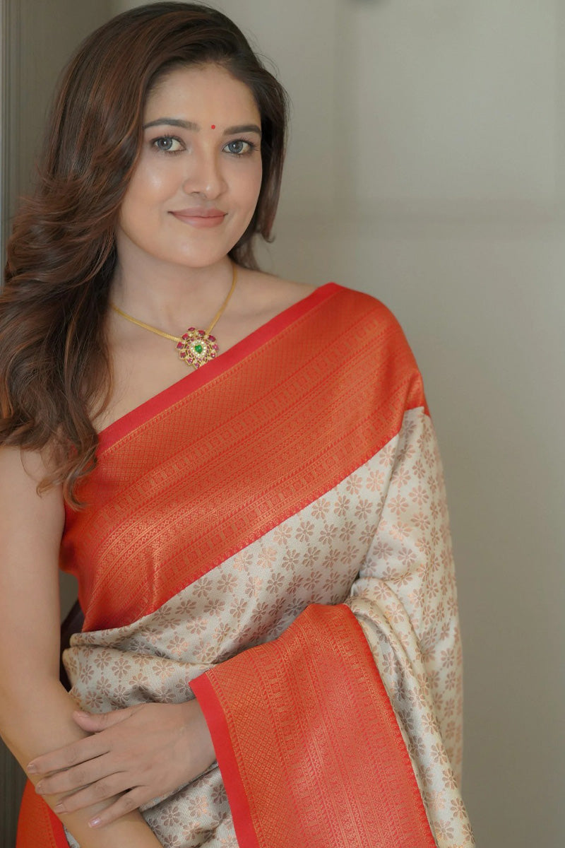 Scrumptious Beige Soft Silk Saree With Fancifull Blouse Pieced