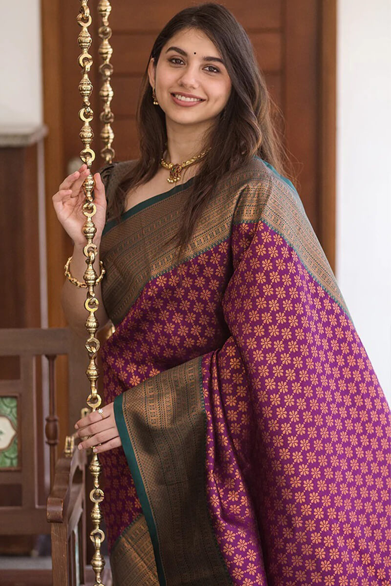 Sumptuous Purple Soft Silk Saree With Flattering Blouse Pieced