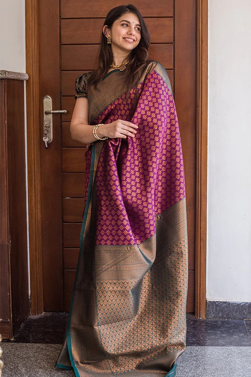 Sumptuous Purple Soft Silk Saree With Flattering Blouse Pieced