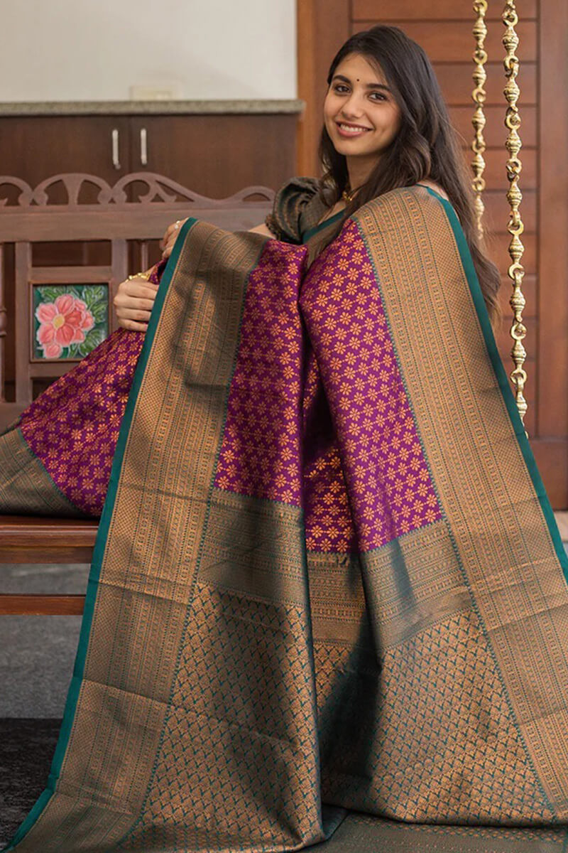 Sumptuous Purple Soft Silk Saree With Flattering Blouse Pieced