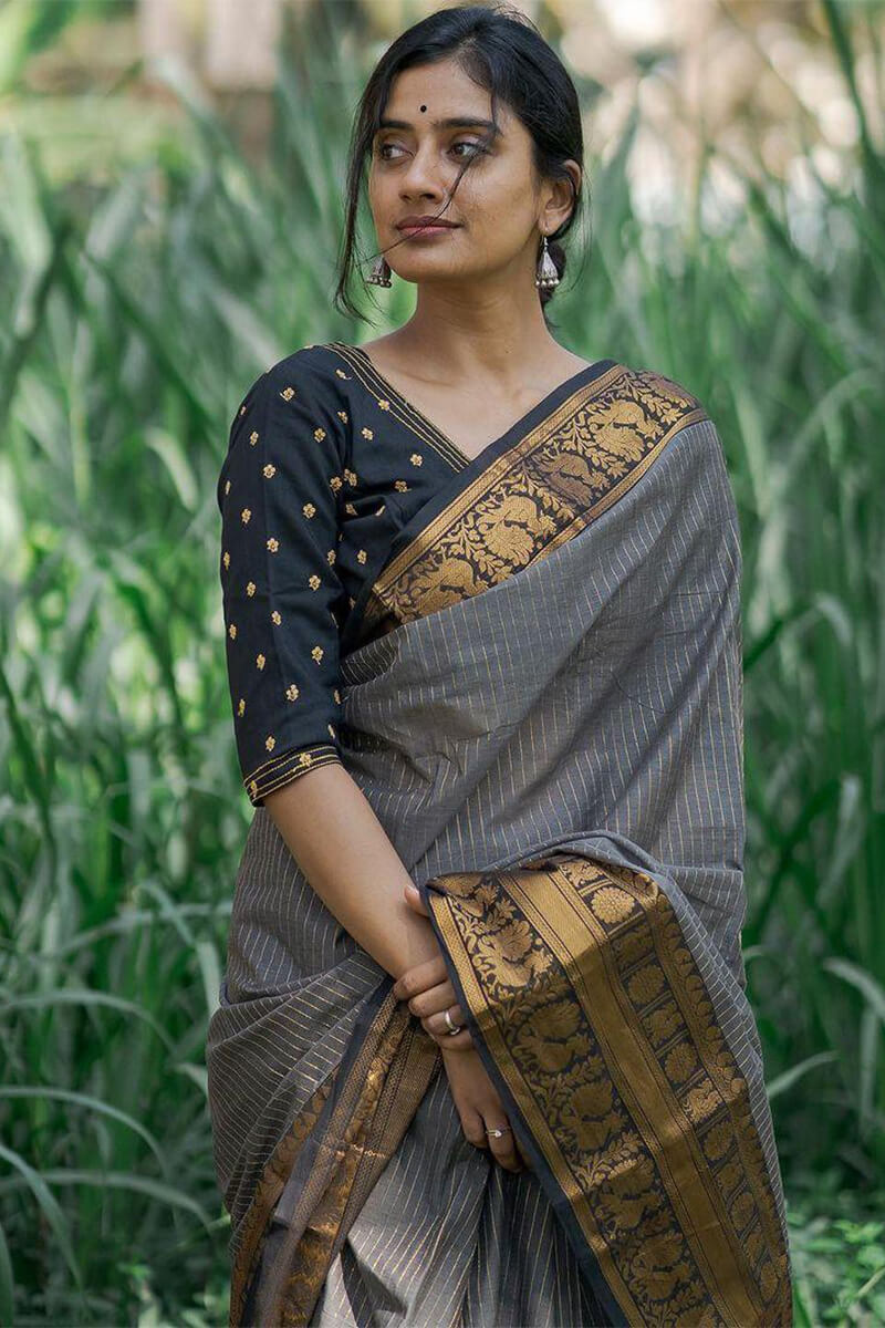 Ineffable Grey Soft Silk Saree With Adoring Blouse Pieced