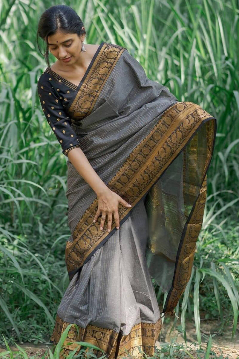 Ineffable Grey Soft Silk Saree With Adoring Blouse Pieced