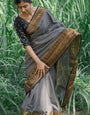 Ineffable Grey Soft Silk Saree With Adoring Blouse Pieced