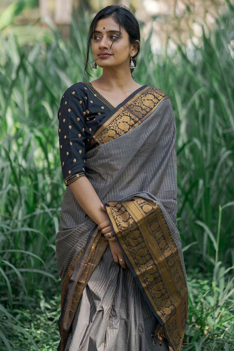 Ineffable Grey Soft Silk Saree With Adoring Blouse Pieced