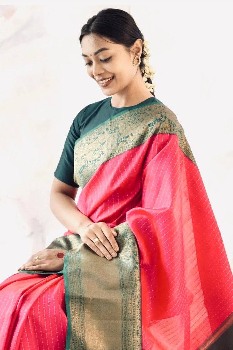 Rhapsodic Pink Soft Silk Saree With Cynosure Blouse Piece