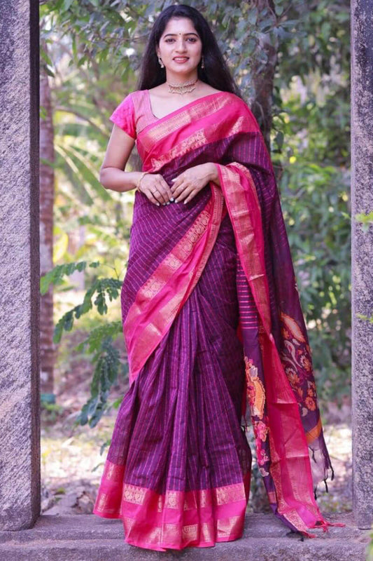 Incomparable Purple Cotton Silk Saree With Amiable Blouse Piece