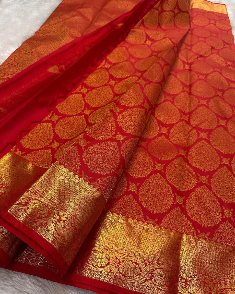 Wonderful Red Soft Banarasi Silk Saree With Mesmerising Blouse Piece