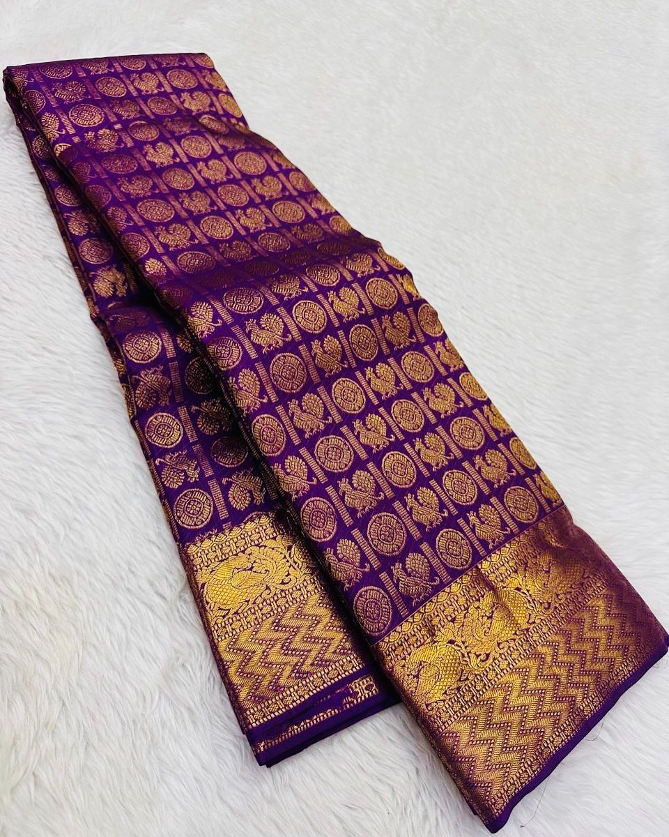 Gorgeous Purple Soft Banarasi Silk Saree With Alluring Blouse Piece