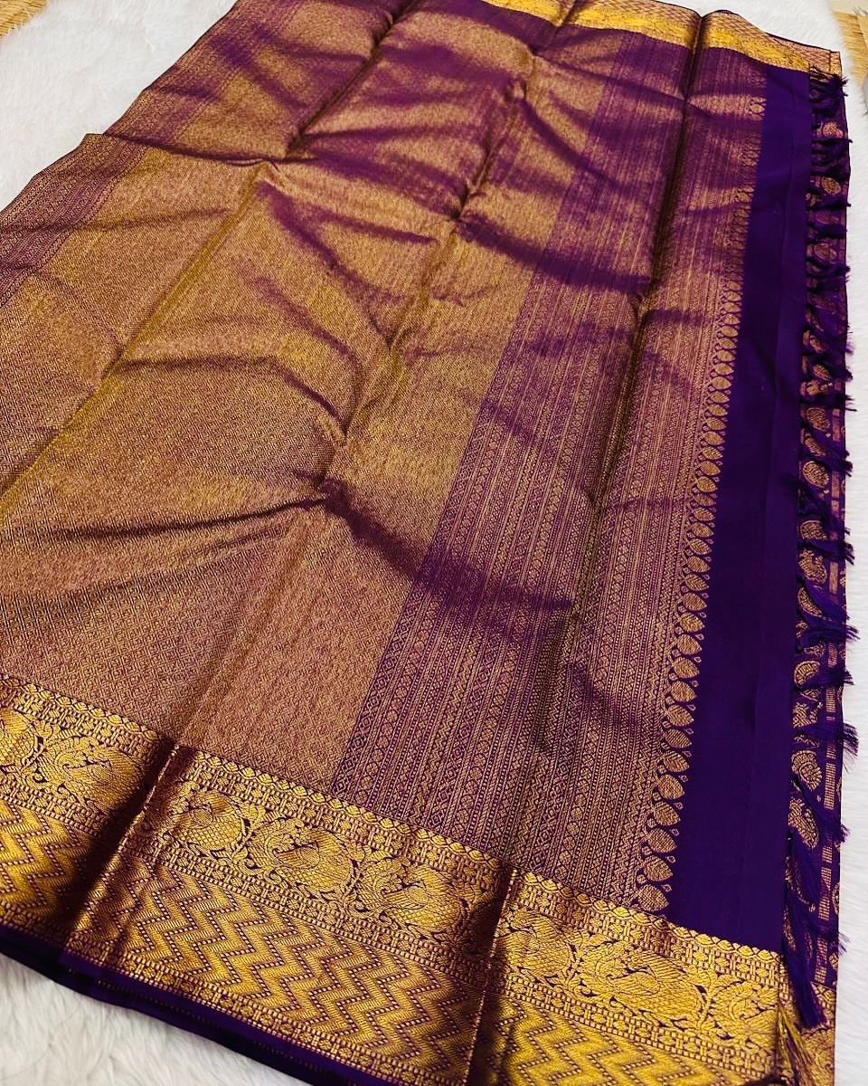 Gorgeous Purple Soft Banarasi Silk Saree With Alluring Blouse Piece