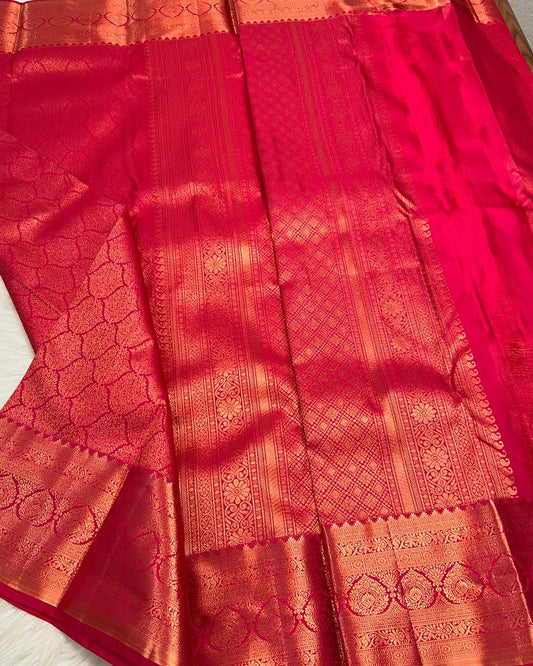 Grandiose Dark Pink Soft Banarasi Silk Saree With Nebula Blouse Piece