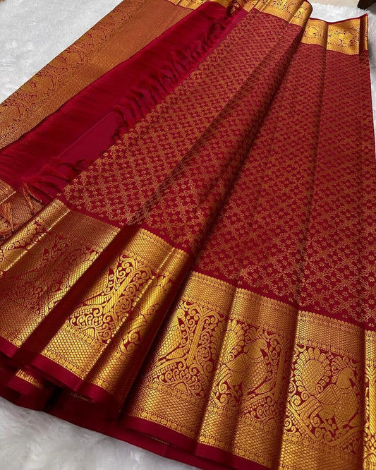 Sizzling Red Soft Banarasi Silk Saree With Gorgeous Blouse Piece