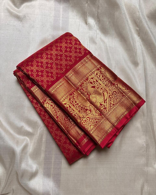 Sizzling Red Soft Banarasi Silk Saree With Gorgeous Blouse Piece