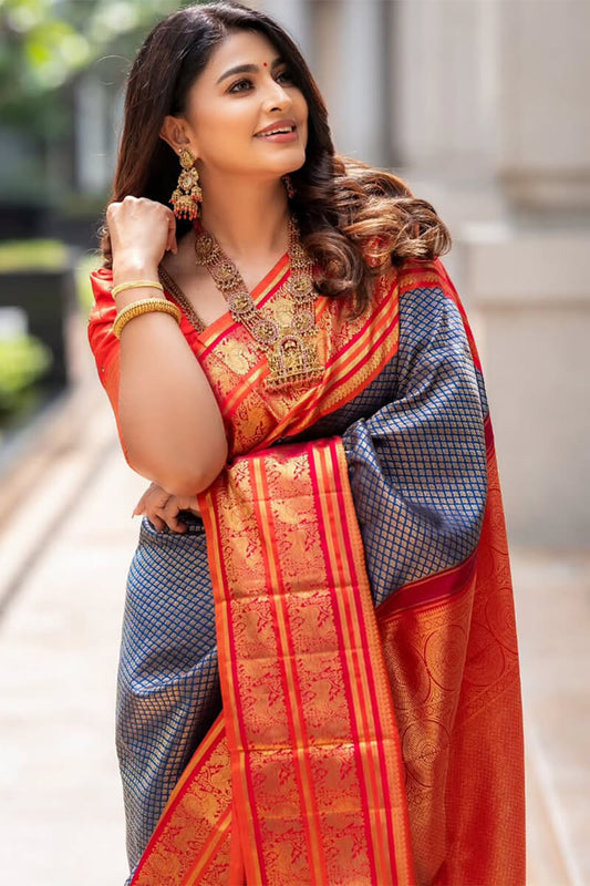 Sonorous Blue Soft Silk Saree With Nectarous Blouse Piece