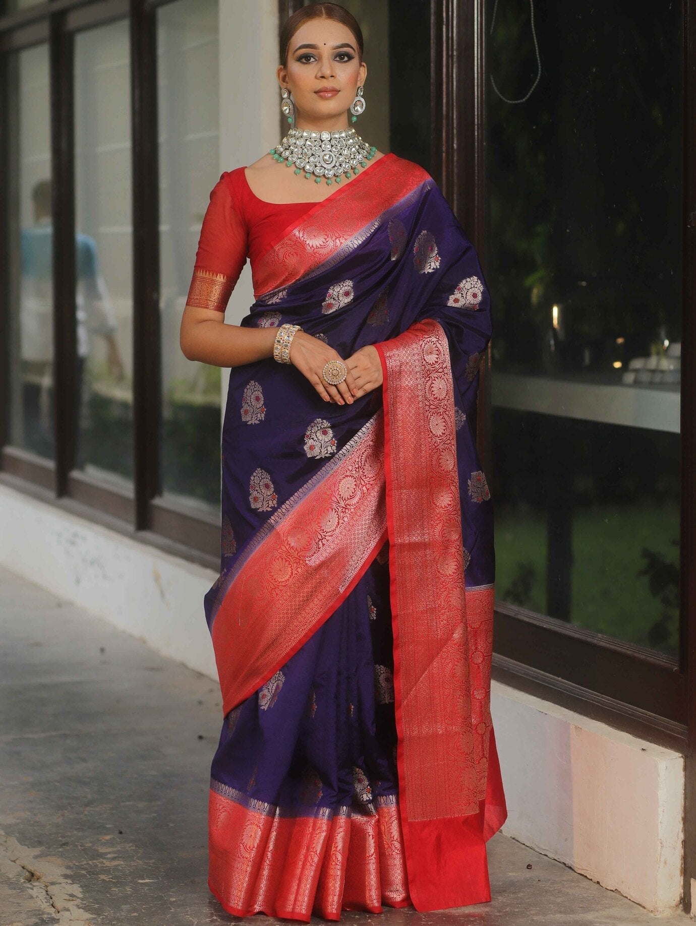 Nectarous Navy Blue Soft Silk Saree With Ephemeral Blouse Piece