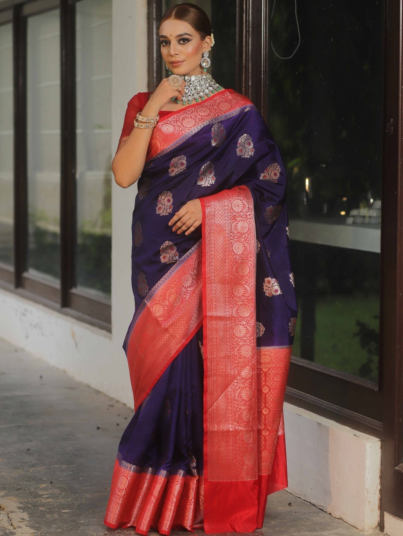 Nectarous Navy Blue Soft Silk Saree With Ephemeral Blouse Piece