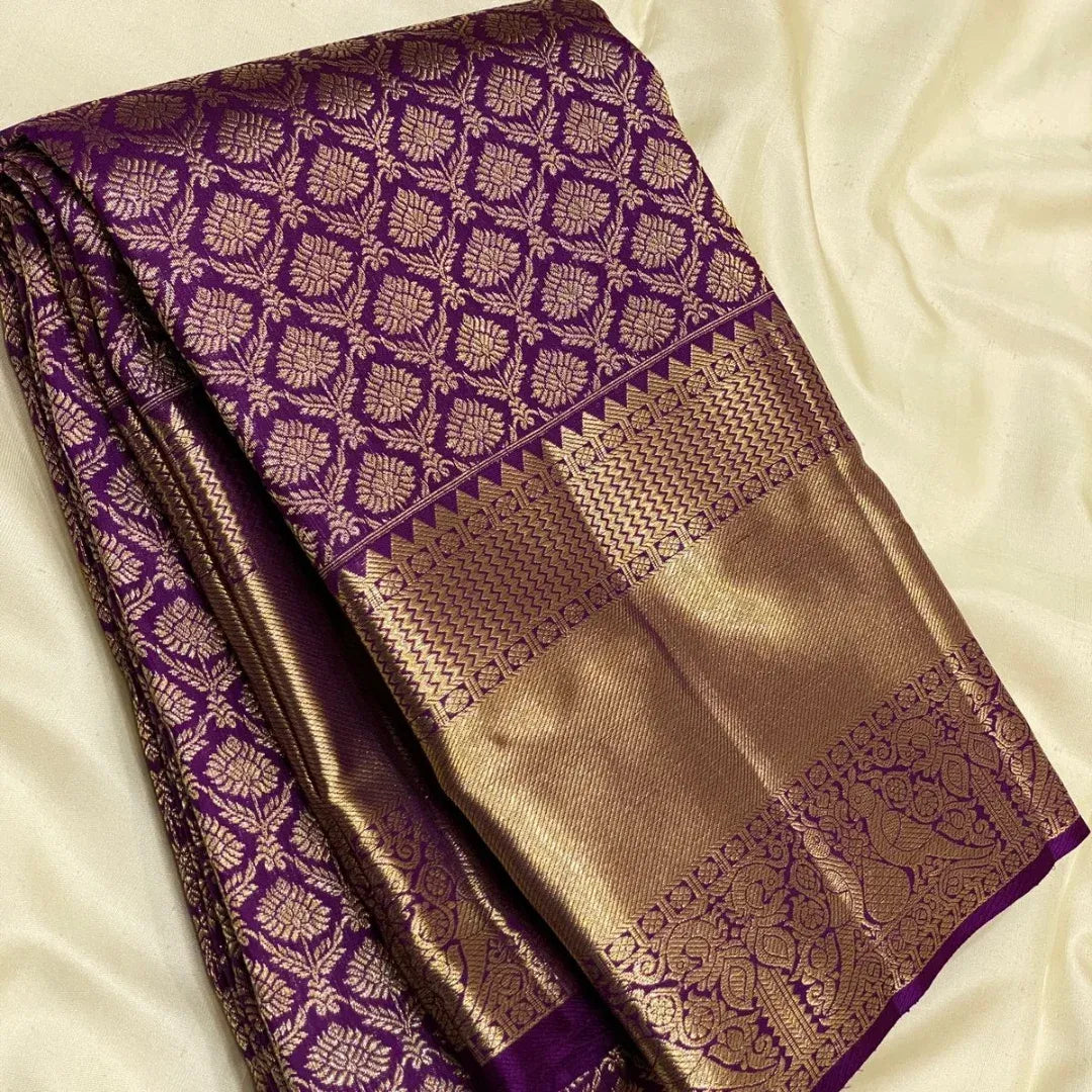 Dazzling Purple Soft Banarasi Silk Saree With Adorning Blouse Piece