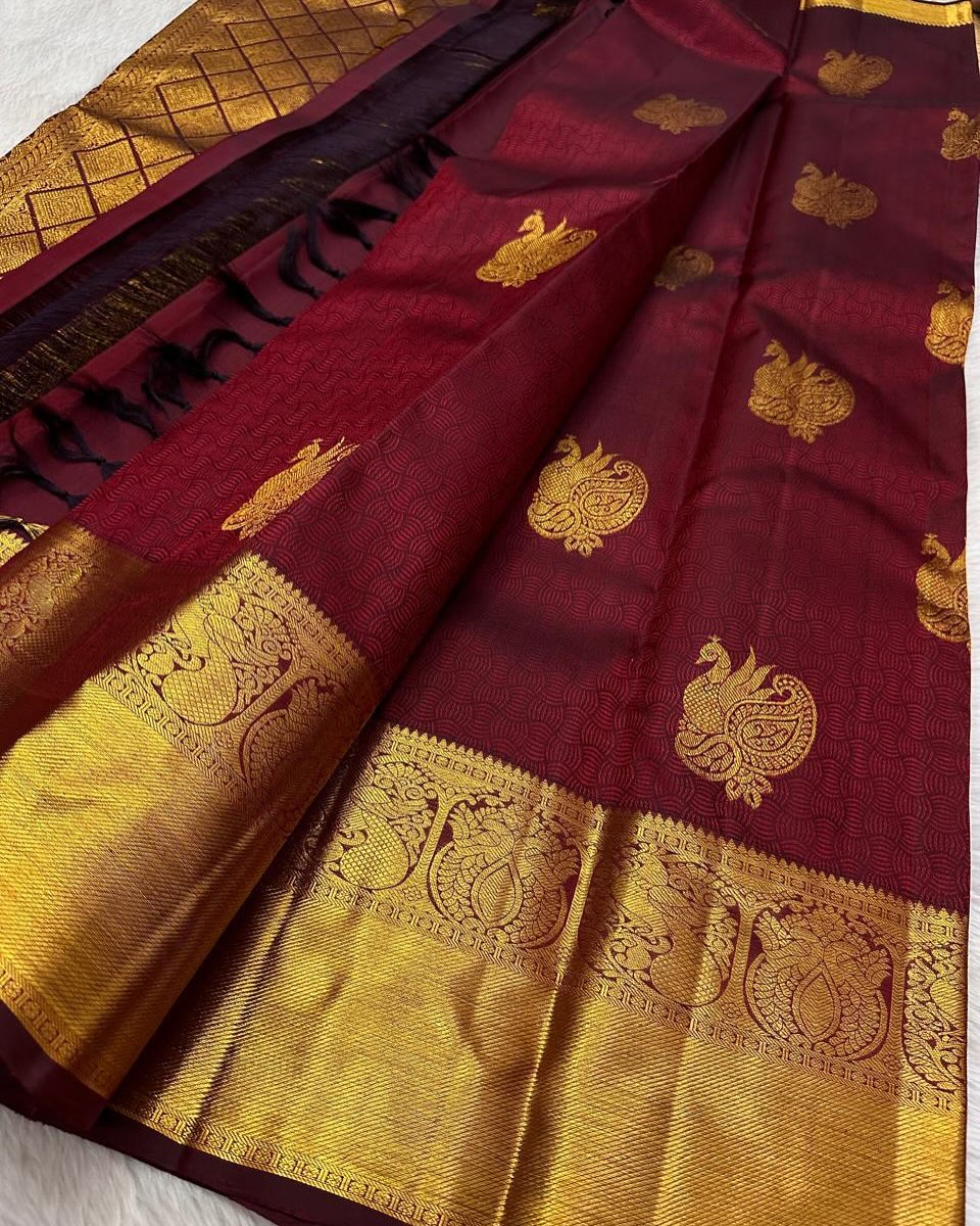 Captivating Maroon Soft Banarasi Silk Saree With Ethereal Blouse Piece