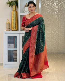 Artistic Dark Green Soft Silk Saree With Jubilant Blouse Piece