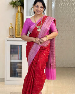 Alluring Red Soft Silk Saree With Dalliance Blouse Piece