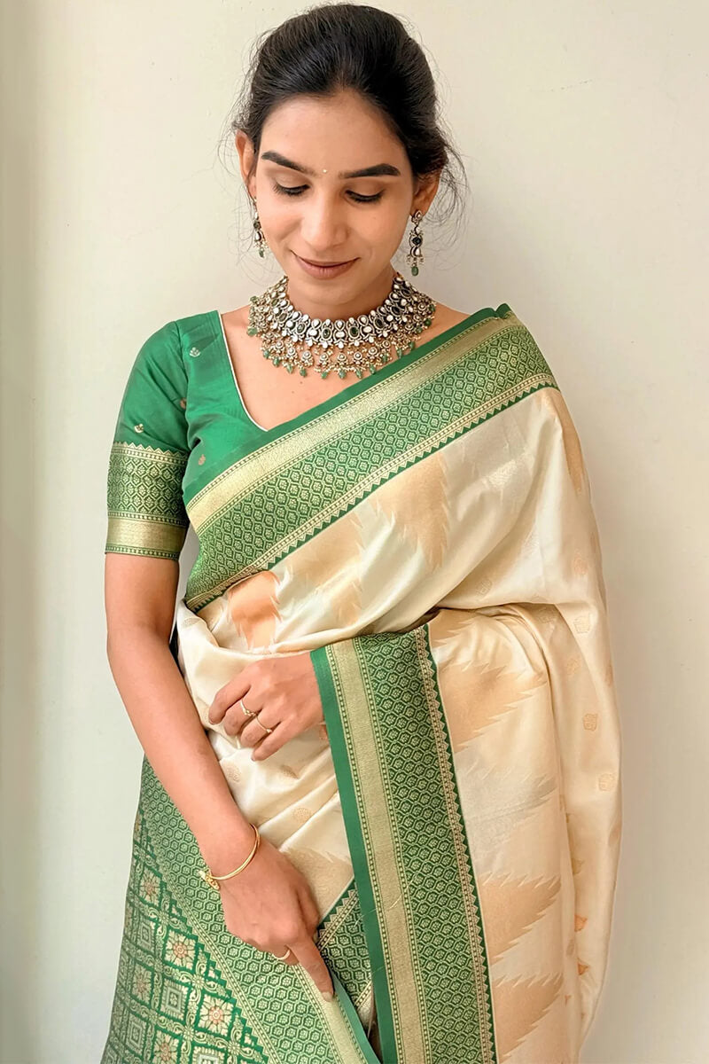 Opulent Biege Soft Silk Saree With Ratatouille Blouse Piece