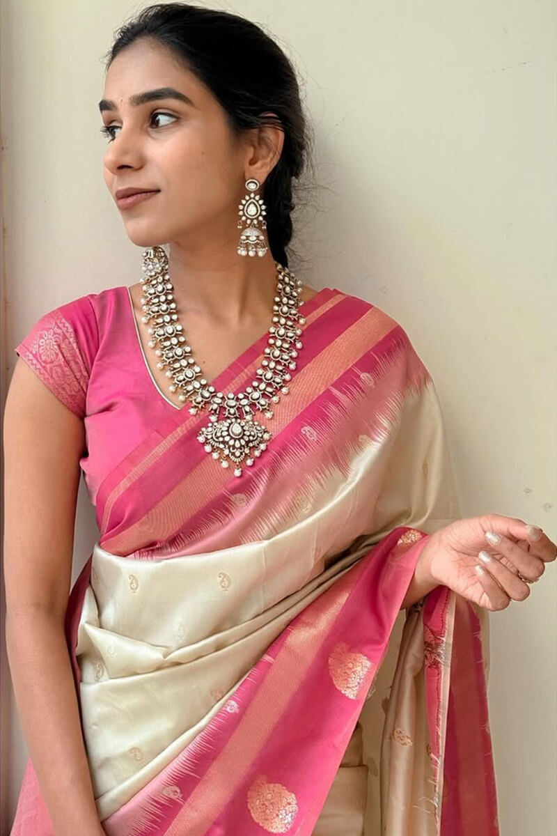 Mesmerising Biege Soft Silk Saree With Ornate Blouse Piece