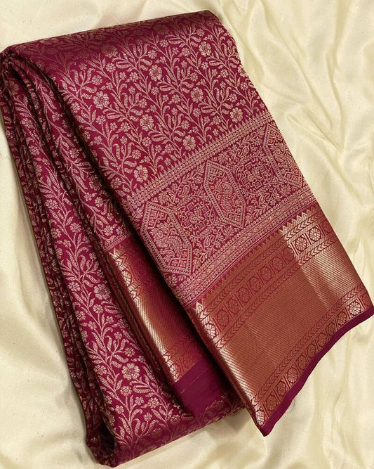 Quintessential Maroon Soft Banarasi Silk Saree With Arresting Blouse Piece