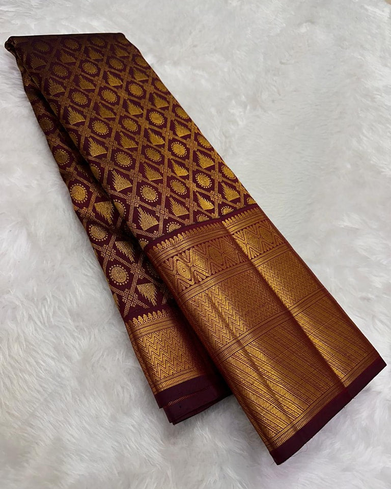 Beleaguer Wine Soft Banarasi Silk Saree With Fugacious Blouse Piece
