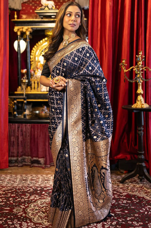 Elegant Navy Blue Soft Banarasi Silk Saree With Ailurophile Blouse Piece
