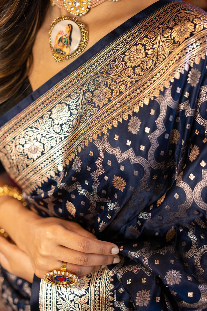 Elegant Navy Blue Soft Banarasi Silk Saree With Ailurophile Blouse Piece