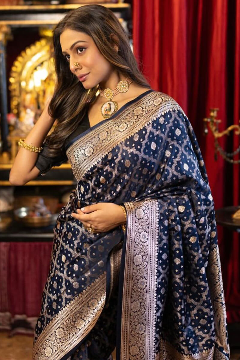 Elegant Navy Blue Soft Banarasi Silk Saree With Ailurophile Blouse Piece