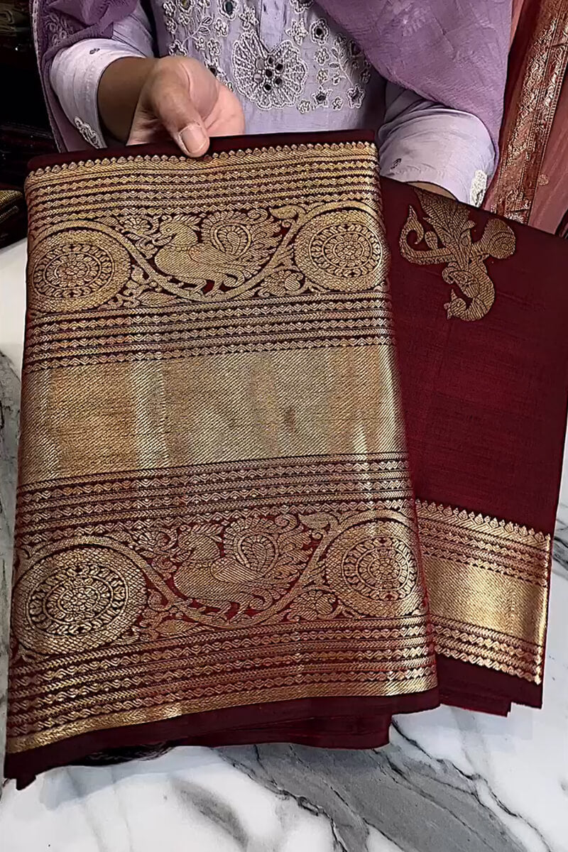Majesty Wine Soft Banarasi Silk Saree With Blissful Blouse Piece
