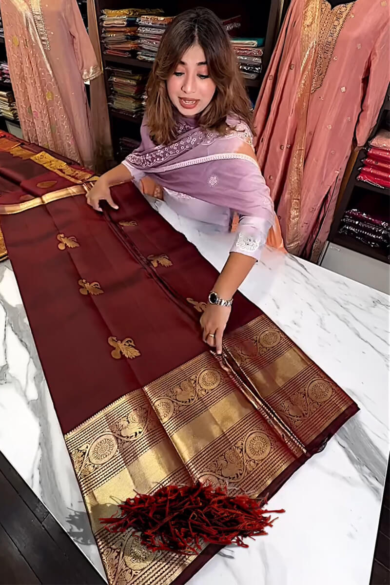 Majesty Wine Soft Banarasi Silk Saree With Blissful Blouse Piece